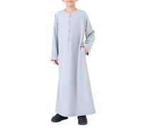 OBEEII Boy's Muslim Arab Robe Long Sleeve Solid Color Kaftan Thobe with Pockets Islamic Abaya Prayer Clothes Light Grey 10-11Y