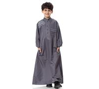 OBEEII Boy's Muslim Arab Solid Color Thobe Long Sleeve Kaftan Embroidered Robe Islamic Arabic Abaya Thobe Grey 7-8 Years
