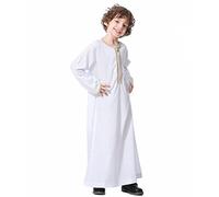 OBEEII Boy's Muslim Arab Solid Color Thobe Long Sleeve Kaftan Embroidered Robe Islamic Arabic Abaya Thobe White 4-5 Years