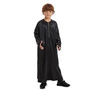 OBEEII Boy's Muslim Arab Solid Color Thobe Long Sleeve Kaftan Embroidered Zip Up Robe Islamic Arabic Abaya Thobe