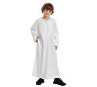 OBEEII Boy's Muslim Arab Solid Color Thobe Long Sleeve Kaftan Embroidered Zip Up Robe Islamic Arabic Abaya Thobe