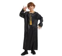 OBEEII Boy's Muslim Arab Solid Color Thobe Long Sleeve Kaftan Tassel Zipper Robe Casual Ramadan Party Islamic Abaya Thobe with Pockets Black 4-5 Years