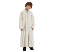 OBEEII Boy's Muslim Arab Solid Color Thobe Long Sleeve Stand Collar Kaftan Robe Casual Ramadan Party Islamic Abaya Thobe with Pockets Beige 13-14 Years