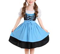 OBEEII Dirndl Girls' Set of 2 Dirndl Dress with Costume Blouse and Apron Bavarian Costume German Oktoberfest Costume Dress, blue, 14-16 Years