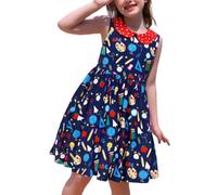 OBEEII Girls Summer Dress Sleeveless Casual Party Dresses Printed Patterns School Bus Pencil Eraser 3-7 Years Dai Blue 6-7Y