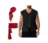 OBEEII Men Women Medieval Vest Pirate Costume Steampunk Waistcoat Lace-up Bandana Waist Belt Renaissance Gothic Sleeveless Halloween Cosplay Waistcoat Black Vest Red Accessory L