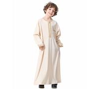 OBEEII Muslim Boys' Round Collar Long Sleeves Embroider Thobe Suit Islamic Arabic Abaya Thobe Beige 5-6 Years