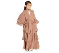 OBEEII Muslim Cardigan for Girls Solid Color Prayer Dress Islamic Dubai Abaya Clothing Casual Ramadan Party Long Sleeve Cardigan Muslim Robe with Hijab Khaki 3-4 Years