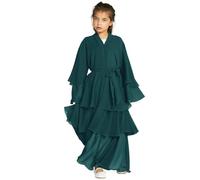 OBEEII Muslim Cardigan for Girls Solid Color Prayer Dress Islamic Dubai Abaya Clothing Casual Ramadan Party Long Sleeve Cardigan Muslim Robe with Hijab Grün 13-14 Years