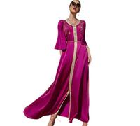 OBEEII Muslim Dress for Women Embroidery Floral Print Maxi Kaftan Robe Long Sleeve V Neck Islamic Arab Dubai Moroccan Middle East Abaya Dress Hot Pink S