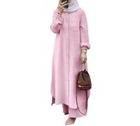 OBEEII Muslim Dresses for Women, 2-Piece Corban Ramadan Outfit, Long Sleeve Tops, Robe and Trousers, Dubai, Turkish Middle East, Arabic Islamic Clothing, Rosa02, L