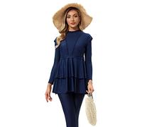 OBEEII Muslim Swimwear for Women 3 Piece Solid Color Modest Long Sleeve Swimsuit Arabic Islamic Hijab Burkini S-4XL, blue, 4X-Large