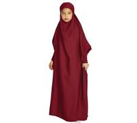 OBEEII Prayer Dress for Muslim Girls, Abayas for Girls Loose Islamic Middle East Dubai Turkish Max Kaftan Full Length Hijab Dress Wine Red 11-12 Years
