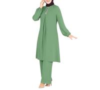 OBEEII Women Muslim Abaya Outfit Long Sleeve Top + Long Skirt 2-Pieces Ramadan Outfit Arabic Middle East Dubai Turkey Abaya Dress Set for Casual, Pray, Eid Green M