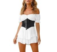 OBEEII Women Off Shoulder Ruffle Romper Dress White Pirate Dress Halloween Costume Short Puff Sleeve Smocked Jumpsuit Overall Elastic Waist A-Line Shorts Mini Dress White01 L