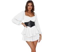 OBEEII Women Off Shoulder Ruffle Romper Dress White Pirate Halloween Costume Short Puff Sleeve Smocked Jumpsuit Overall Elastic Waist A-Line Shorts Mini White03 S