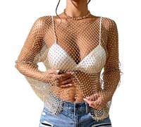 OBEEII Women Rhinestone Mesh Top Long Sleeve Crystal Crop Top Sparkly See Through Shirt Rave Party Clubwear, Gold, S