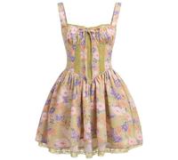 OBEEII Women's Floral Corset Mini Dress Square Neck Spaghetti Strap Summer Boho Sundress Floral Print Lace Up Fitted Dress Yellow Floral S
