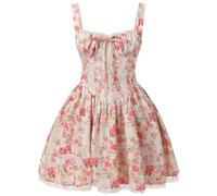 OBEEII Women's Floral Corset Mini Dress Square Neck Spaghetti Strap Summer Boho Sundress Floral Print Lace Up Fitted Dress Red Floral M
