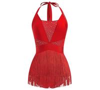OBEEII Women's Latin Jazz Dance Leotard with Fringe Tassel Halter Neck Backless Mesh Glitter Dancewear for Rumba Salsa Ballroom Performance XS-XL Red XS