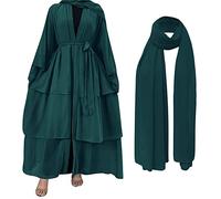 OBEEII Womens Long Sleeve Muslim Dresses Abaya with Hijabs Islamic Robe Kaftan Abayas Clothes Dark Green+Hijab Small