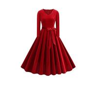 OBEEII Womens Long Sleeve V Neck Velvet Dress 1950s Retro Vintage A-Line Dress Belted Swing Dress Ladies Christmas Cocktail Party Prom Dress UK Red L