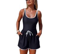 OBEEII Women's One Piece Boyleg Swimsuit with Pockets Floral Color Block Tummy Control Tie Front Scoop Neck Surfing Bathing Suit S-2XL Black XXL