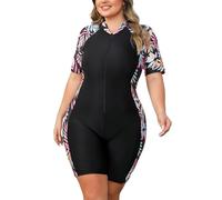 OBEEII Women's Plus Size Boyleg Swimsuit, Short Sleeve Zip Up Bathing Suit with Built-in Pads, Color Block Quick Dry Rash Guard Beachwear for Swimming & Surfing Hot Pink XXL