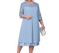 OBEEII Women's Plus Size Chiffon Dress Half Sleeve Round Neck Floral Embroidery Party Wedding Guest Cocktail Dress UK Light Blue 1XL