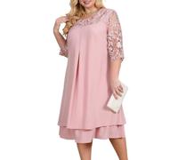 OBEEII Women's Plus Size Chiffon Dress Half Sleeve Round Neck Floral Embroidery Party Wedding Guest Cocktail Dress UK Lotus Pink 1XL