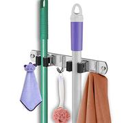 OBELON No-Drill Mop Holder Wall Mounted, Stainless Steel Broom Storage Rack with 2 Clips & 3 Hooks, Utility Room Organizer for Kitchen, Bathroom, Garage, Garden - Black