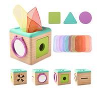Obelunrp Baby Tissue Box Toy, 4.5inch Wooden Tissue Box with Mirror, Silk Scarf & Blocks, Busy Activity Cube, Montessori Toys for Infant Toddlers Boy Girl Presents