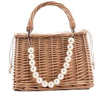 Obelunrp Beach Purse Women Rattan Purse with Pearl Handle & Bow Rustic Drawstring Straw Bag with Fabric Linner for Summer Beach, 9x5x6 Inch, Style2, Christmas Decor