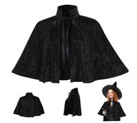 Obelunrp Black Cape for Women, Gothic Lolita Medieval Shawl Cloak with Tie Strap, Halloween Soft Short Medieval Cowl Black Cloak for Pagan Cosplay