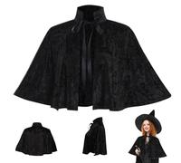 Obelunrp Black Cape for Women, Gothic Lolita Medieval Shawl Cloak with Tie Strap, Halloween Soft Short Medieval Cowl Black Cloak for Pagan Cosplay Halloween Decorations