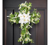 Obelunrp Cross Wreath, 38x50cm Artificial Lily Cross Wreaths for Front Door, Hanging Easter Wreath, Rustic Religious Decor for Wedding Christmas Easter Decorations