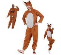 Obelunrp Deer Costume, Unisex Hooded Reindeer Pajamas with Antlers & Tail, Soft Deer Onesie Jumpsuit for Halloween Christmas (L)