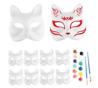 Obelunrp Fox Mask 10PCS DIY Cat Mask Cosplay Blank Halloween Face with 12 Colors Pigments and 2 Brushes Hand-Painted White Paper Masks for Halloween Party Cosplay, Fox, Christmas Decor