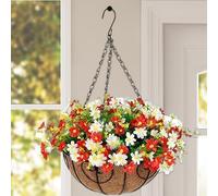 Obelunrp Hanging Flower Baskets for Outdoors, 20cm/7.9inch Artificial Hanging Baskets with Flowers, UV Resistant Fake Flower Hanging Basket for Outdoors Patio Garden Decoration (Style 2)