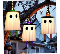 Obelunrp Hanging Ghosts Halloween Decor, 3pcs 60cm Hanging Light up Ghost with Witch Hat, Outdoor Glowing Ghosts Halloween Decorations for Yard Garden Trees