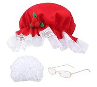 Obelunrp Mrs Claus Costume Set - Includes White Wig, Red Christmas Hat, Glasses, Hairnet - One Size Old Lady Costume for Adult Christmas Cosplay