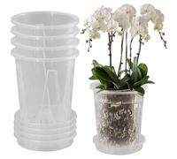 Obelunrp Orchid Pot, 5pcs 4.7inch Clear Orchid Pots with Holes with Saucers, Plastic Orchid Planter, Slotted Flower Nursery Pot, Orchid Pots for Repotting