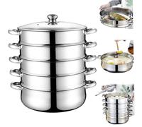 Obelunrp Pot, 12inch 5 Tier Stainless Steel Steam Pot with Handles & Glass Lid, Cooking Steamers, Multipurpose Pot for Cooking Dumpling Baozi Dim Sum
