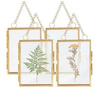 Obelunrp Pressed Flower Frame 4Pcs 2x3 Inch Golden Glass Frame for Pressed Flowers with Copper Structure Hanging Decorative Picture Frames for Home, Office, Party, Glass for Flowers, F