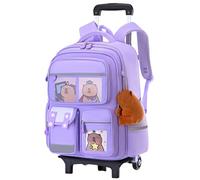 Obelunrp Rolling Backpack with Wheels Large Capacity Capybara Backpack with Multiple Compartments Cute Cartoon Print School Bag Reflective Strap Retractable Handle for Boys Girls, Purple, Kawaii