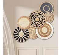Obelunrp Round Woven Wall Decor 7Pcs Rattan Flower Boho Decor Natural Rustic Woven Wall Basket Boho Art for Bedroom, Living Room, Bathroom
