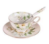 Obelunrp Tea Cups and Saucers, 3pcs/Set 180ml Floral Pattern Tea Cup with Saucer & Spoon, Vintage Ceramic Teacup, Latte Mug, Coffee Cup for Birthday Christmas Teahouse, Cafe