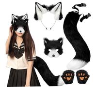Obelunrp Therian Gear Fox Costume Set Faux Fox Ears and Tail Therian Paws, and Mask for Adults and Kids Role Play Party, White Black, Gear, Christmas Decor