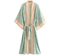 Obelunrp Womens Kimono Robe, Floral V-Neck Long Satin Robe with Band & Loose Sleeve, Smooth Skin-Friendly Lightweight Robes for Bath Robe, Bridal Shower, Valentine, Womens Kimono Robe