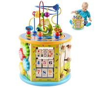 Obelunrp Wooden Activity Cube, Montessori Baby Activity Cube with Bead Maze, Shape Sorter, Abacus and More, Motor Skills Educational Toy for Baby Toddlers, Wooden, Christmas Decor
